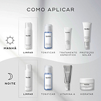 Um guia de rotina matinal e noturna exibe produtos Medik8 num fundo cinza claro ondulado. O frasco doseador Clarifying Foam é destacado como a etapa "LIMPAR" em ambas as rotinas, juntamente com o tónico Press & Clear, um sérum específico ou Vitamina A, e protetor solar ou hidratante.