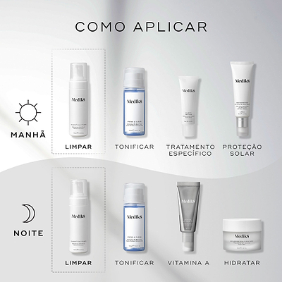 Um guia de rotina matinal e noturna exibe produtos Medik8 num fundo cinza claro ondulado. O frasco doseador Clarifying Foam é destacado como a etapa "LIMPAR" em ambas as rotinas, juntamente com o tónico Press & Clear, um sérum específico ou Vitamina A, e protetor solar ou hidratante.
