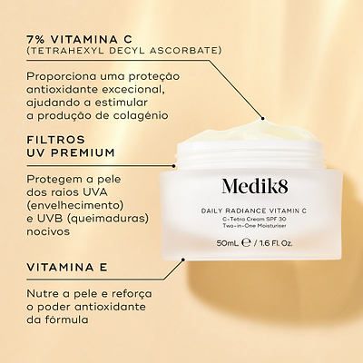 O frasco Daily Radiance Vitamin C está aberto num fundo bege. Linhas de texto destacam os ingredientes-chave: Vitamina C 7% (Ascorbato de Tetrahexildecil) para proteção antioxidante excecional e estimulação de colagénio, Filtros UV Premium para proteger contra os raios nocivos UVA e UVB, e Vitamina E para nutrir a pele e reforçar o poder antioxidante.