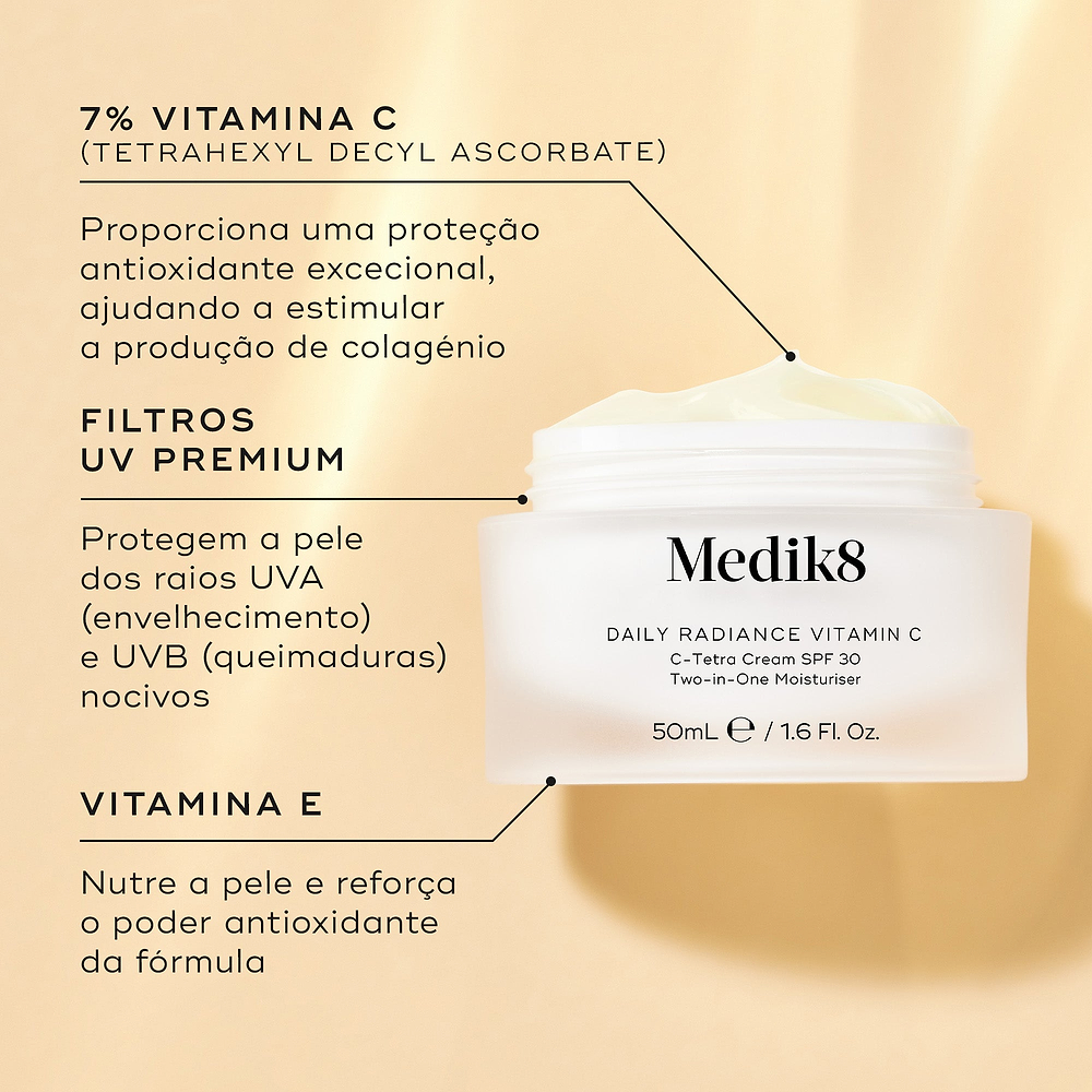 O frasco Daily Radiance Vitamin C está aberto num fundo bege. Linhas de texto destacam os ingredientes-chave: Vitamina C 7% (Ascorbato de Tetrahexildecil) para proteção antioxidante excecional e estimulação de colagénio, Filtros UV Premium para proteger contra os raios nocivos UVA e UVB, e Vitamina E para nutrir a pele e reforçar o poder antioxidante.