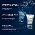 Os tubos Medik8 H.E.O. Mask Passo 1 e Passo 2 flutuam contra um fundo subaquático azul escuro. O texto destaca ingredientes-chave: Fatores Naturais de Hidratação (NMF) para atrair e reter a humidade, Ácido Hialurónico de múltiplos pesos para hidratar intensamente e preencher, e Ceramidas e Esqualano para nutrir profundamente e reconstruir a barreira cutânea.