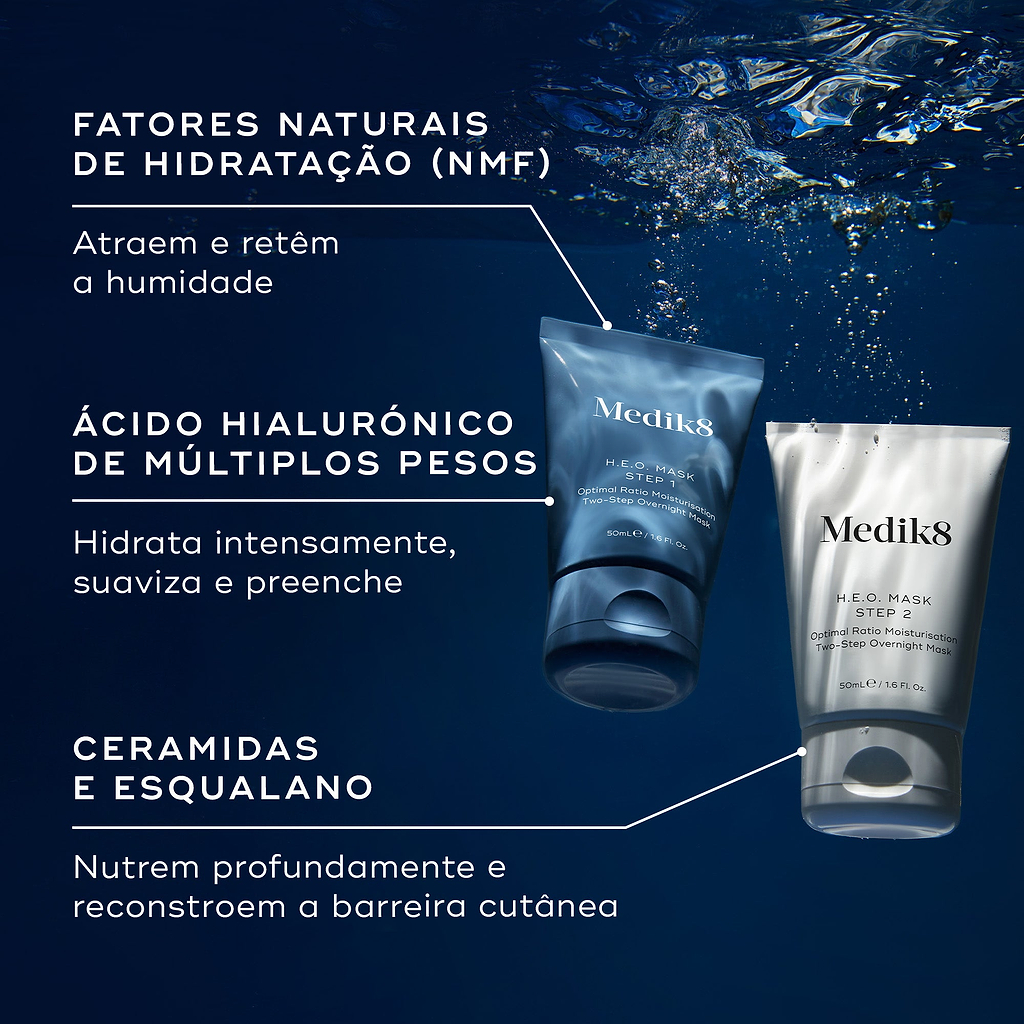 Os tubos Medik8 H.E.O. Mask Passo 1 e Passo 2 flutuam contra um fundo subaquático azul escuro. O texto destaca ingredientes-chave: Fatores Naturais de Hidratação (NMF) para atrair e reter a humidade, Ácido Hialurónico de múltiplos pesos para hidratar intensamente e preencher, e Ceramidas e Esqualano para nutrir profundamente e reconstruir a barreira cutânea.