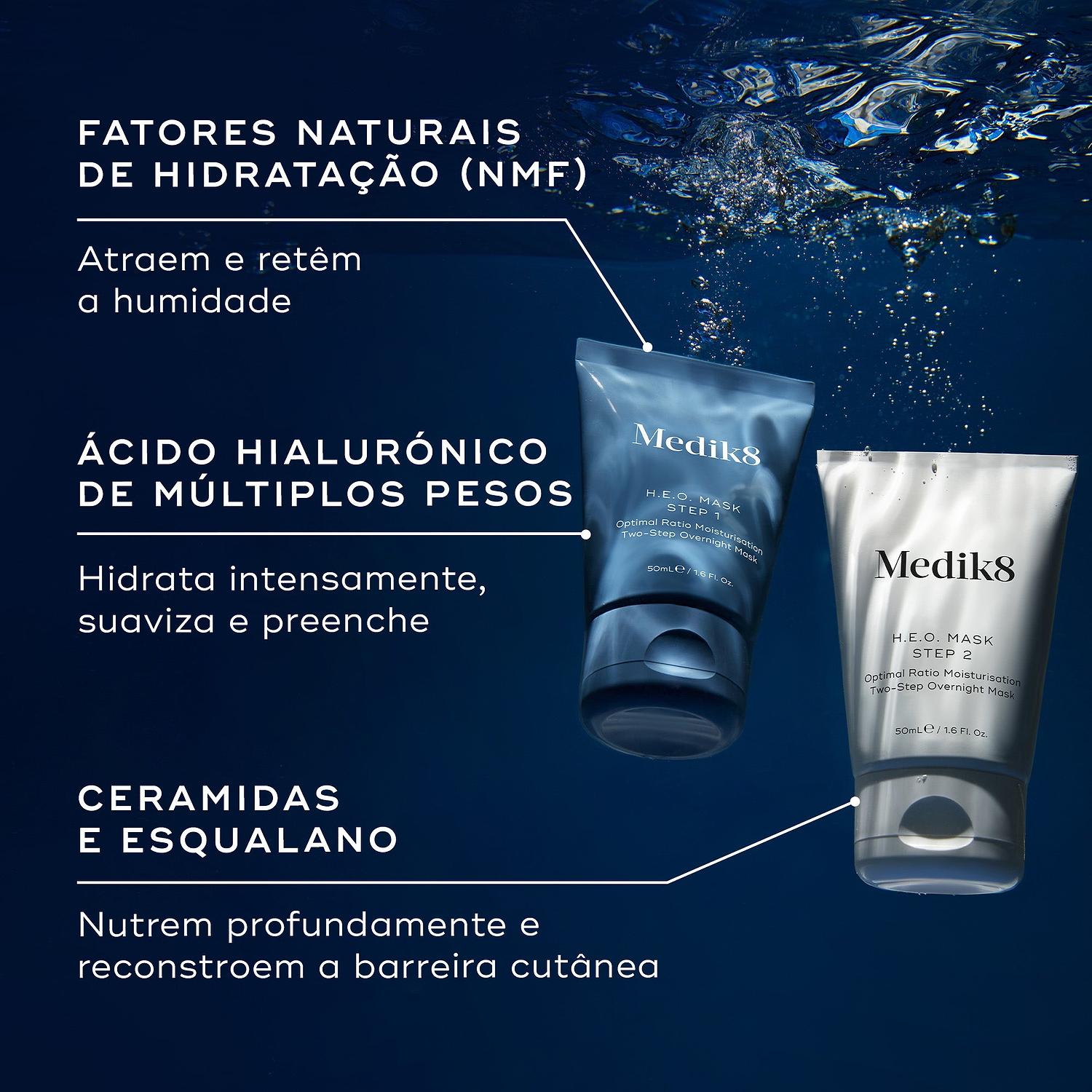 Os tubos Medik8 H.E.O. Mask Passo 1 e Passo 2 flutuam contra um fundo subaquático azul escuro. O texto destaca ingredientes-chave: Fatores Naturais de Hidratação (NMF) para atrair e reter a humidade, Ácido Hialurónico de múltiplos pesos para hidratar intensamente e preencher, e Ceramidas e Esqualano para nutrir profundamente e reconstruir a barreira cutânea.