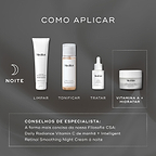 Um guia de rotina noturna exibe quatro produtos Medik8 sobre um fundo cinza escuro. As etapas incluem Surface Radiance Cleanse (LIMPAR), Press & Glow (TONIFICAR), Liquid Peptides (TRATAR) e o frasco de Intelligent Retinol Smoothing Night Cream em destaque (VITAMINA A + HIDRATAR). Uma dica de especialista recomenda este creme à noite junto com o Daily Radiance Vitamin C pela manhã.