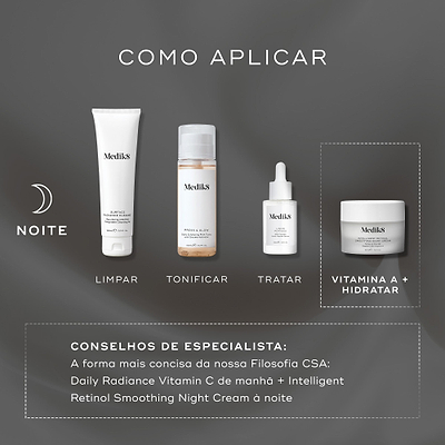 Um guia de rotina noturna exibe quatro produtos Medik8 sobre um fundo cinza escuro. As etapas incluem Surface Radiance Cleanse (LIMPAR), Press & Glow (TONIFICAR), Liquid Peptides (TRATAR) e o frasco de Intelligent Retinol Smoothing Night Cream em destaque (VITAMINA A + HIDRATAR). Uma dica de especialista recomenda este creme à noite junto com o Daily Radiance Vitamin C pela manhã.