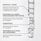 Imagem macro de um sérum líquido transparente de peptídios dentro de um conta-gotas de vidro com bolhas. O texto em português detalha os ingredientes principais: Matrixyl® 3000 para estimular a produção de colagénio e suavizar visivelmente as rugas, Peptídeo de Cobre Direcionado por Drone para suportar as células produtoras de colagénio, Carnosina para ajudar a prevenir danos no colagénio e Peptídeo de Linhas de Expressão para ajudar a prevenir a formação de rugas.
