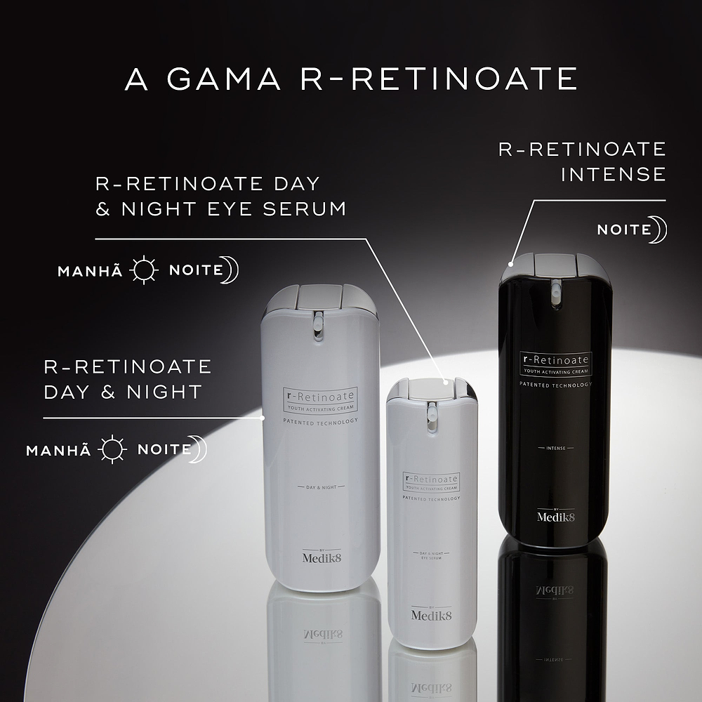 Três produtos Medik8 r-Retinoate são mostrados em pedestais circulares brancos contra um fundo cinza escuro. Linhas de texto destacam: r-Retinoate Day & Night (manhã e noite), r-Retinoate Day & Night Eye Serum (manhã e noite) e r-Retinoate Intense (noite).
