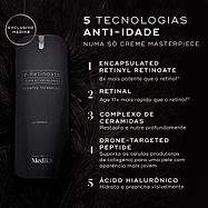 O frasco doseador r-Retinoate Intense é mostrado contra um fundo escuro com penas e um selo "EXCLUSIVO MEDIK8". Intitulado "5 tecnologias anti-idade numa só creme masterpiece", o texto lista: 1. Retinyl Retinoate Encapsulado (8x mais potente que o retinol), 2. Retinal (age 11x mais rápido que o retinol), 3. Complexo de Ceramidas (restaura e nutre profundamente), 4. Drone-Targeted Peptide (suporta as células produtoras de colagénio), e 5. Ácido Hialurónico (hidrata e preenche visivelmente).
