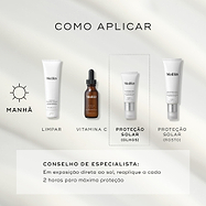 Um guia de rotina matinal exibe produtos Medik8 num fundo claro ondulado. O tubo Advanced Day Eye Protect é destacado como a etapa "PROTEÇÃO SOLAR (OLHOS)", usado após a limpeza, sérum de Vitamina C e antes do protetor solar facial. Um conselho de especialista recomenda reaplicar a cada 2 horas sob exposição solar direta para proteção máxima.