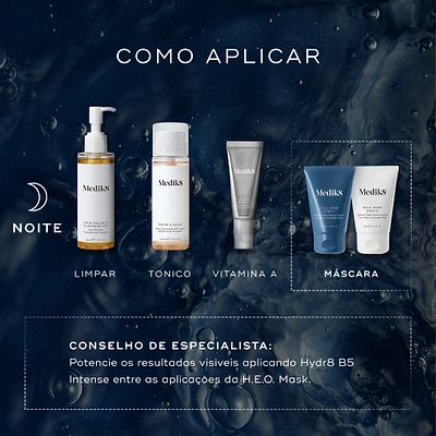 Um guia de rotina noturna intitulado "COMO APLICAR" apresenta quatro produtos Medik8 sobre um fundo de água azul escuro com bolhas. As etapas incluem Lipid-Balance Cleansing Oil (LIMPAR), Press & Glow (TONICO), tubo Crystal Retinal (VITAMINA A) e os tubos de dois passos H.E.O. Mask (MÁSCARA) destacados num quadro tracejado. Uma nota de especialista aconselha a potenciar os resultados aplicando Hydr8 B5 Intense entre as aplicações da H.E.O. Mask.