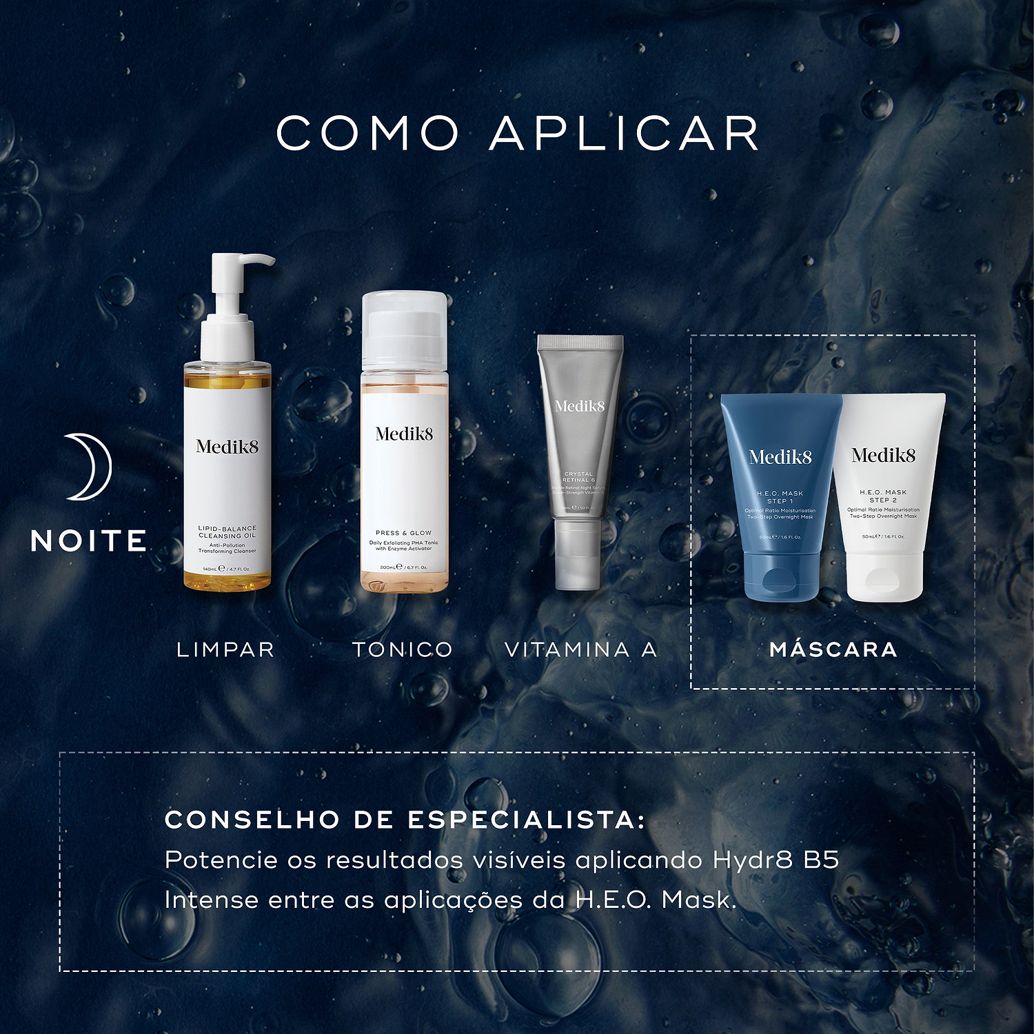 Um guia de rotina noturna intitulado "COMO APLICAR" apresenta quatro produtos Medik8 sobre um fundo de água azul escuro com bolhas. As etapas incluem Lipid-Balance Cleansing Oil (LIMPAR), Press & Glow (TONICO), tubo Crystal Retinal (VITAMINA A) e os tubos de dois passos H.E.O. Mask (MÁSCARA) destacados num quadro tracejado. Uma nota de especialista aconselha a potenciar os resultados aplicando Hydr8 B5 Intense entre as aplicações da H.E.O. Mask.