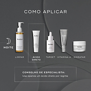 Um guia de rotina noturna exibe produtos Medik8 num fundo cinza escuro. O tubo Sleep Glycolic é destacado como a etapa "ÁCIDO DIRETO", juntamente com um produto de limpeza, sérum específico, vitamina A e hidratante. Um conselho de especialista aconselha o uso de apenas um ácido direto por regime.