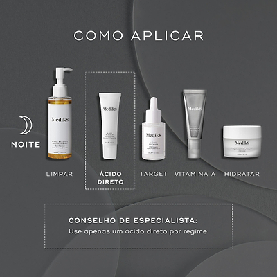 Um guia de rotina noturna exibe produtos Medik8 num fundo cinza escuro. O tubo Sleep Glycolic é destacado como a etapa "ÁCIDO DIRETO", juntamente com um produto de limpeza, sérum específico, vitamina A e hidratante. Um conselho de especialista aconselha o uso de apenas um ácido direto por regime.