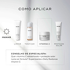 O gráfico do guia de aplicação exibe uma rotina matinal de cuidados com a pele contra um fundo claro. O frasco de Medik8 C-Tetra Cream é destacado como a etapa de Vitamina C, após a limpeza e tonificação, e precedendo a proteção solar. O texto em português inclui um conselho de especialista sugerindo o Daily Radiance Vitamin C para quem procura vitamina C estabilizada e proteção solar numa só fórmula.