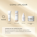 Um guia de rotina matinal exibe produtos Medik8 num fundo bege claro. O frasco Daily Radiance Vitamin C é destacado como a etapa "VITAMINA C + FPS", usado após a limpeza, tónico e um sérum específico. Uma dica de especialista aconselha a reaplicar a cada 2 horas em caso de exposição solar intensa para máxima proteção UV.