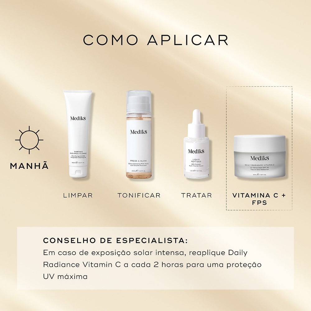 Um guia de rotina matinal exibe produtos Medik8 num fundo bege claro. O frasco Daily Radiance Vitamin C é destacado como a etapa "VITAMINA C + FPS", usado após a limpeza, tónico e um sérum específico. Uma dica de especialista aconselha a reaplicar a cada 2 horas em caso de exposição solar intensa para máxima proteção UV.
