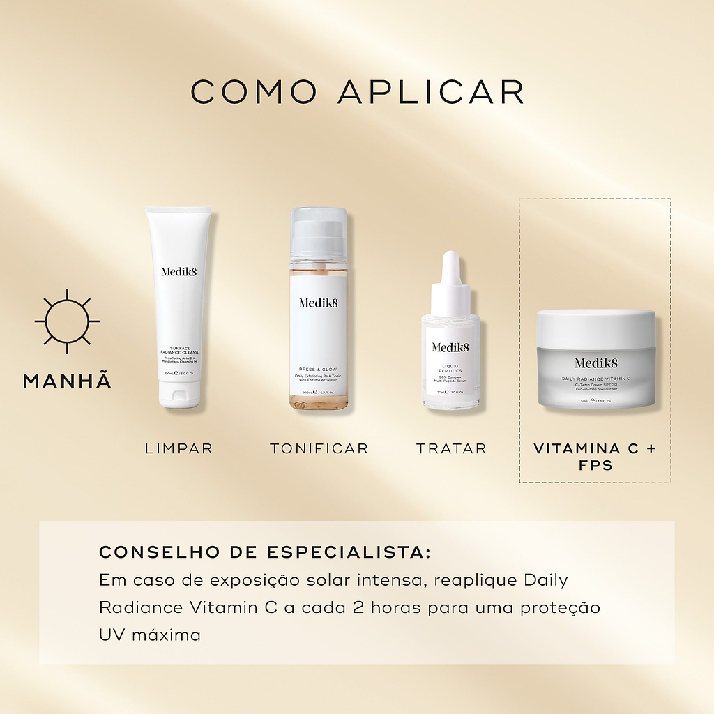 Um guia de rotina matinal exibe produtos Medik8 num fundo bege claro. O frasco Daily Radiance Vitamin C é destacado como a etapa "VITAMINA C + FPS", usado após a limpeza, tónico e um sérum específico. Uma dica de especialista aconselha a reaplicar a cada 2 horas em caso de exposição solar intensa para máxima proteção UV.