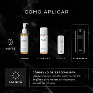 Um guia de rotina noturna exibe produtos Medik8 num fundo de mármore preto. O frasco doseador r-Retinoate Intense é destacado como a etapa "VITAMINA A", juntamente com um produto de limpeza, tónico e sérum de olhos. Um conselho de especialista aconselha usar sempre protetor solar na manhã seguinte para maximizar os resultados visíveis.