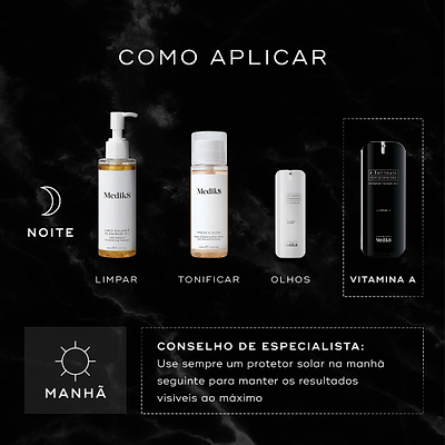 Um guia de rotina noturna exibe produtos Medik8 num fundo de mármore preto. O frasco doseador r-Retinoate Intense é destacado como a etapa "VITAMINA A", juntamente com um produto de limpeza, tónico e sérum de olhos. Um conselho de especialista aconselha usar sempre protetor solar na manhã seguinte para maximizar os resultados visíveis.