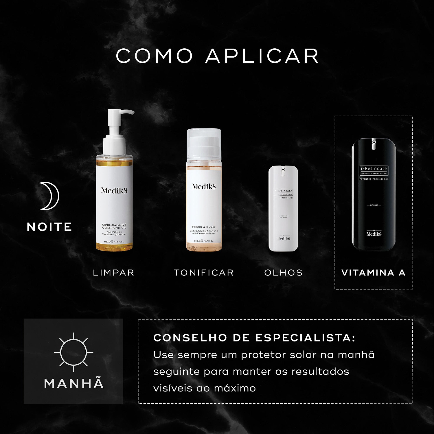 Um guia de rotina noturna exibe produtos Medik8 num fundo de mármore preto. O frasco doseador r-Retinoate Intense é destacado como a etapa "VITAMINA A", juntamente com um produto de limpeza, tónico e sérum de olhos. Um conselho de especialista aconselha usar sempre protetor solar na manhã seguinte para maximizar os resultados visíveis.