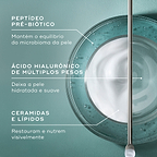 Uma vista superior de um creme branco numa placa de Petri sobre um fundo verde-azulado. Linhas de texto apontam para o creme, listando os ingredientes-chave: Peptídeo Pré-biótico para manter o equilíbrio do microbioma, Ácido Hialurónico de múltiplos pesos para deixar a pele hidratada e suave, e Ceramidas e Lípidos para restaurar e nutrir visivelmente.