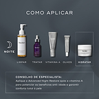 O gráfico do guia de rotina de pele exibe uma rotina noturna em um fundo escuro. O frasco de Medik8 Advanced Night Restore é destacado como a etapa de hidratação, após a limpeza, tratamento, Vitamina A e cuidado com os olhos. O texto em português inclui um conselho de especialista para aplicar o Advanced Night Restore após a Vitamina A para potencializar os benefícios anti-idade e garantir conforto total à pele.