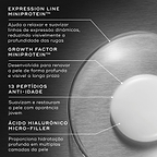 Primeiro plano de uma placa de Petri contendo uma porção de creme branco contra um fundo de metal escovado escuro. O texto em português detalha os ingredientes principais: Expression Line MiniProtein™ para ajudar a relaxar e suavizar linhas de expressão dinâmicas, Growth Factor MiniProtein™ desenvolvida para renovar a pele de forma profunda e visível a longo prazo, 13 Peptídios Anti-Idade para suavizar e restaurar a pele com aparência jovem, e Ácido Hialurónico Micro-Filler para proporcionar hidratação prof