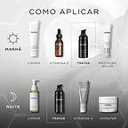 O gráfico do guia de aplicação exibe rotinas de cuidados com a pele matinais e noturnas contra um fundo cinza claro com padrões hexagonais subtis. O frasco preto de Medik8 Liquid Peptides Advanced MP é destacado como a etapa de tratamento para as rotinas da manhã e da noite, após a limpeza e a Vitamina C, e precedendo a proteção solar ou a Vitamina A e o hidratante.