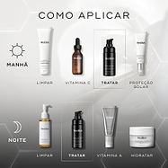O gráfico do guia de aplicação exibe rotinas de cuidados com a pele matinais e noturnas contra um fundo cinza claro com padrões hexagonais subtis. O frasco preto de Medik8 Liquid Peptides Advanced MP é destacado como a etapa de tratamento para as rotinas da manhã e da noite, após a limpeza e a Vitamina C, e precedendo a proteção solar ou a Vitamina A e o hidratante.