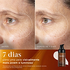Comparação de antes e depois focada nas linhas finas ao redor do olho de um participante ao longo de 7 dias. Círculos pontilhados destacam a melhoria. Na parte inferior, o frasco do sérum Medik8 C-Tetra Advanced é exibido com o texto afirmando 7 dias para uma pele visivelmente mais jovem e luminosa.