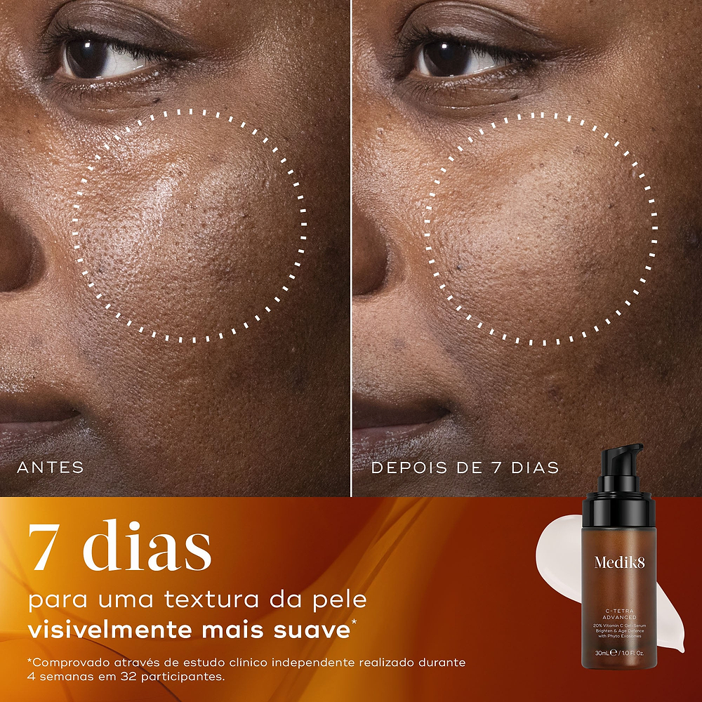 Comparação de antes e depois da pele de tom escuro de um participante ao longo de 7 dias. Círculos pontilhados destacam uma melhora visível na textura da pele. Abaixo, o frasco do sérum Medik8 C-Tetra Advanced é mostrado ao lado de uma amostra de creme com o texto afirmando 7 dias para uma textura de pele visivelmente mais suave.