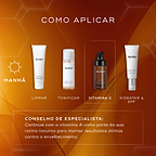 Um guia de rotina intitulado "COMO APLICAR" exibe quatro produtos Medik8 sobre um fundo laranja quente. A rotina matinal inclui: Surface Radiance Cleanse (LIMPAR), Press & Glow (TONIFICAR), sérum C-Tetra Advanced (VITAMINA C) e Advanced Day Ultimate Protect (HIDRATAR & SPF). Um quadro em destaque foca no C-Tetra Advanced, e um conselho de especialista na parte inferior recomenda o uso de vitamina A à noite para melhores resultados contra o envelhecimento.