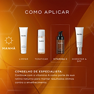 Um guia de rotina intitulado "COMO APLICAR" exibe quatro produtos Medik8 sobre um fundo laranja quente. A rotina matinal inclui: Surface Radiance Cleanse (LIMPAR), Press & Glow (TONIFICAR), sérum C-Tetra Advanced (VITAMINA C) e Advanced Day Ultimate Protect (HIDRATAR & SPF). Um quadro em destaque foca no C-Tetra Advanced, e um conselho de especialista na parte inferior recomenda o uso de vitamina A à noite para melhores resultados contra o envelhecimento.