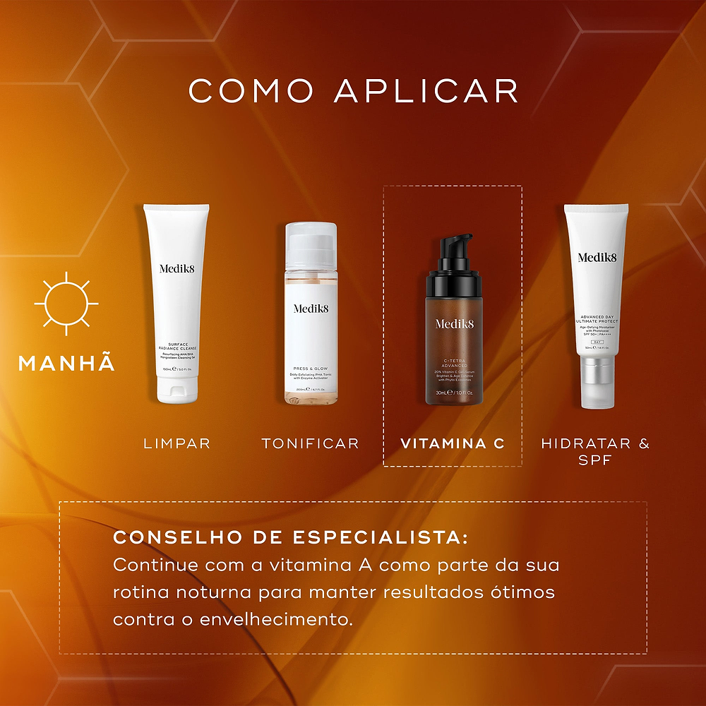 Um guia de rotina intitulado "COMO APLICAR" exibe quatro produtos Medik8 sobre um fundo laranja quente. A rotina matinal inclui: Surface Radiance Cleanse (LIMPAR), Press & Glow (TONIFICAR), sérum C-Tetra Advanced (VITAMINA C) e Advanced Day Ultimate Protect (HIDRATAR & SPF). Um quadro em destaque foca no C-Tetra Advanced, e um conselho de especialista na parte inferior recomenda o uso de vitamina A à noite para melhores resultados contra o envelhecimento.