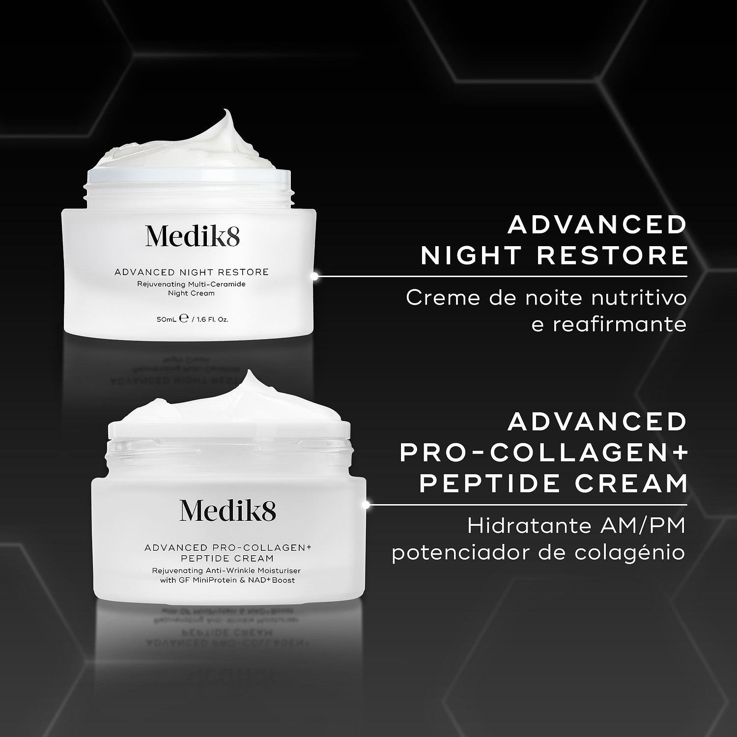 Contra um fundo cinza escuro hexagonal, dois frascos de creme Medik8 são comparados. O frasco superior é rotulado como "ADVANCED NIGHT RESTORE" como um creme noturno nutritivo e reafirmante. O frasco inferior é rotulado como "ADVANCED PRO-COLLAGEN+ PEPTIDE CREAM" como um hidratante AM/PM potenciador de colágeno. Ambos os frascos estão abertos, mostrando o creme branco no interior. Linhas brancas e texto fornecem os nomes detalhados dos produtos e benefícios.