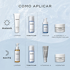 Um guia de rotina matinal e noturna exibe produtos Medik8 sobre um fundo azul claro aquoso. As etapas da manhã incluem Surface Radiance Cleanse (LIMPAR), o frasco de Press & Clear em destaque (TONIFICAR), Niacinamide Peptides (TRATAR) e Daily Radiance Vitamin C (VITAMINA C + PROTEÇÃO SOLAR). As etapas da noite incluem Lipid-Balance Cleansing Oil (LIMPAR), o frasco de Press & Clear em destaque (TONIFICAR), Crystal Retinal (VITAMINA A) e Advanced Night Restore (HIDRATAR).