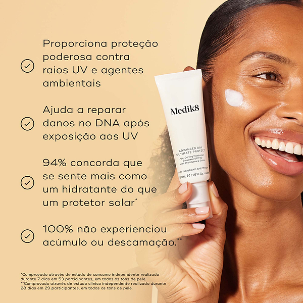Uma mulher sorridente com um pouco de creme na bochecha segura o tubo de Advanced Day Ultimate Protect contra um fundo bege. Os marcadores listam os benefícios: poderosa proteção UV e ambiental, ajuda a reparar danos no DNA, 94% concorda que parece mais um hidratante, e 100% não experienciou acúmulo ou descamação.
