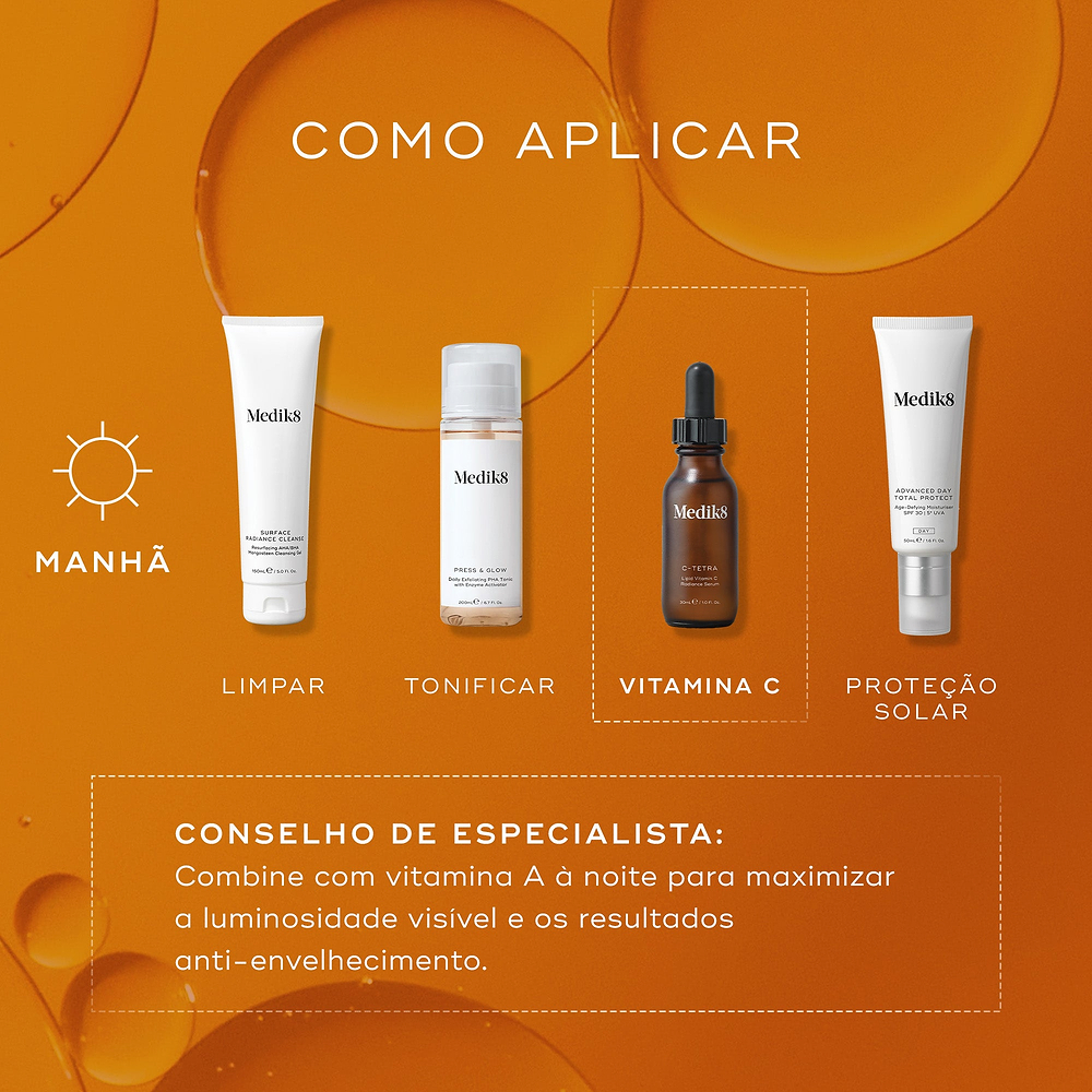 Um guia de rotina matinal exibe produtos Medik8 sobre um fundo líquido laranja. As etapas incluem Surface Radiance Cleanse (LIMPAR), Press & Glow (TONIFICAR), o frasco conta-gotas C-Tetra em destaque (VITAMINA C) e Advanced Day Total Protect (PROTEÇÃO SOLAR). Uma dica de especialista sugere combinar com vitamina A à noite para resultados antienvelhecimento máximos.