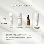 Um guia de rotina matinal num fundo bege exibindo quatro produtos Medik8. As etapas incluem: Surface Radiance Cleanse (LIMPAR), Press & Glow (TONIFICAR), C-Tetra Luxe (VITAMINA C) e o tubo Advanced Day Ultimate Protect em destaque (PROTEÇÃO SOLAR). Uma dica de especialista sugere adicionar o Advanced Day Eye Protect para proteção UV otimizada na área dos olhos.