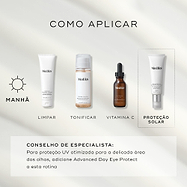 Um guia de rotina matinal num fundo bege exibindo quatro produtos Medik8. As etapas incluem: Surface Radiance Cleanse (LIMPAR), Press & Glow (TONIFICAR), C-Tetra Luxe (VITAMINA C) e o tubo Advanced Day Ultimate Protect em destaque (PROTEÇÃO SOLAR). Uma dica de especialista sugere adicionar o Advanced Day Eye Protect para proteção UV otimizada na área dos olhos.