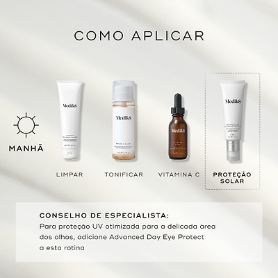 Um guia de rotina matinal num fundo bege exibindo quatro produtos Medik8. As etapas incluem: Surface Radiance Cleanse (LIMPAR), Press & Glow (TONIFICAR), C-Tetra Luxe (VITAMINA C) e o tubo Advanced Day Ultimate Protect em destaque (PROTEÇÃO SOLAR). Uma dica de especialista sugere adicionar o Advanced Day Eye Protect para proteção UV otimizada na área dos olhos.