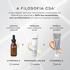 Gráfico "A FILOSOFIA CSA" sobre um fundo cinza claro exibindo três produtos Medik8. O texto explica a abordagem antienvelhecimento em 3 passos: frasco conta-gotas C-Tetra Luxe (Vitamina C de manhã para iluminar), tubo Advanced Day Ultimate Protect (Proteção solar de manhã para proteger) e tubo Crystal Retinal 6 (Vitamina A à noite para renovar).