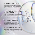 Primeiro plano abstrato de bolhas transparentes contra um fundo holográfico. O texto em português detalha os ingredientes principais: PDRN Prismático para ajudar a reduzir a vermelhidão visível, Complexo Triplo de Exossomas com até 151 mil milhões de exossomas por frasco, GF MiniProtein™ para melhorar visivelmente a aparência da estrutura da pele ao longo do tempo e Precursor de ATP para otimizar os processos naturais envolvidos no rejuvenescimento visível da pele.