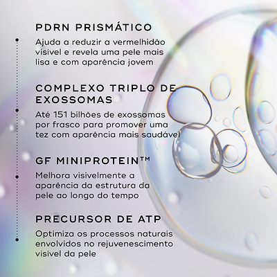 Primeiro plano abstrato de bolhas transparentes contra um fundo holográfico. O texto em português detalha os ingredientes principais: PDRN Prismático para ajudar a reduzir a vermelhidão visível, Complexo Triplo de Exossomas com até 151 mil milhões de exossomas por frasco, GF MiniProtein™ para melhorar visivelmente a aparência da estrutura da pele ao longo do tempo e Precursor de ATP para otimizar os processos naturais envolvidos no rejuvenescimento visível da pele.