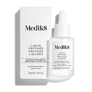 Frasco de vidro transparente com conta-gotas do sérum Liquid Peptides colocado à frente da sua embalagem de cartão branca.