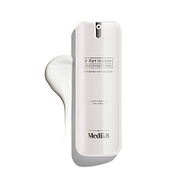 Biela pumpičková fľaštička r-Retinoate Day & Night Eye Serum s kvapkou produktu vedľa nej.
