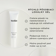 Biela tuba Blemish SOS Rapid Action Target Gel je zobrazená. Text ju označuje ako „RAPID ACTION TREATMENT GEL“. Štyri odrážky so symbolmi zaškrtnutia uvádzajú benefity: cieli a znižuje viditeľnosť nedokonalostí, upokojuje viditeľné začervenanie, podporuje čistý a zdravo vyzerajúci vzhľad pleti a môže sa používať pod aj nad make-upom.
