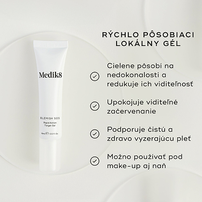 Biela tuba Blemish SOS Rapid Action Target Gel je zobrazená. Text ju označuje ako „RAPID ACTION TREATMENT GEL“. Štyri odrážky so symbolmi zaškrtnutia uvádzajú benefity: cieli a znižuje viditeľnosť nedokonalostí, upokojuje viditeľné začervenanie, podporuje čistý a zdravo vyzerajúci vzhľad pleti a môže sa používať pod aj nad make-upom.
