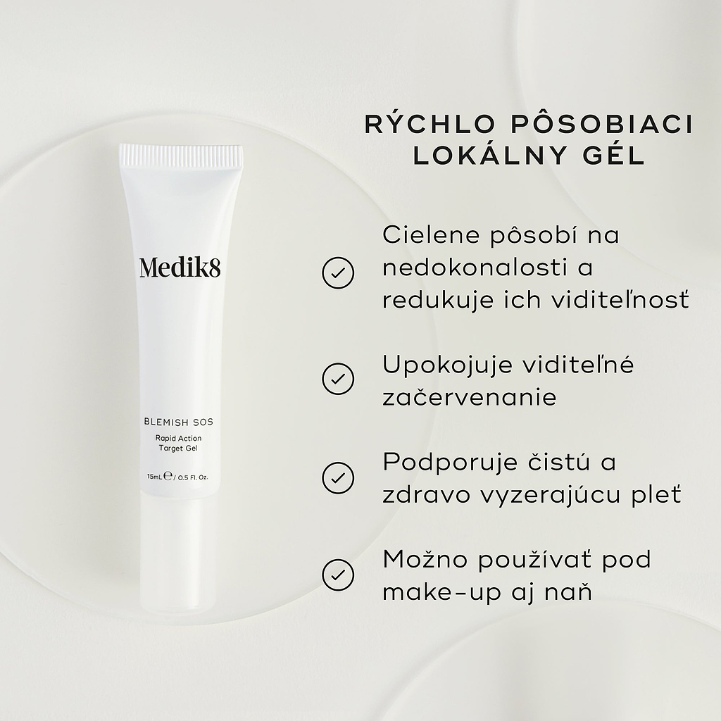 Biela tuba Blemish SOS Rapid Action Target Gel je zobrazená. Text ju označuje ako „RAPID ACTION TREATMENT GEL“. Štyri odrážky so symbolmi zaškrtnutia uvádzajú benefity: cieli a znižuje viditeľnosť nedokonalostí, upokojuje viditeľné začervenanie, podporuje čistý a zdravo vyzerajúci vzhľad pleti a môže sa používať pod aj nad make-upom.
