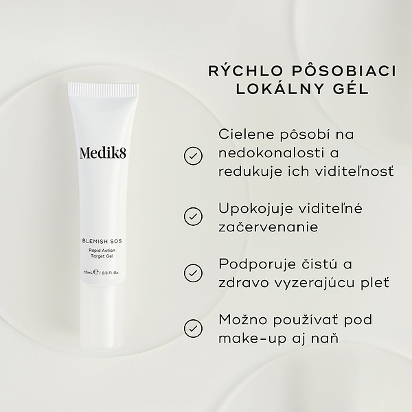 Biela tuba Blemish SOS Rapid Action Target Gel je zobrazená. Text ju označuje ako „RAPID ACTION TREATMENT GEL“. Štyri odrážky so symbolmi zaškrtnutia uvádzajú benefity: cieli a znižuje viditeľnosť nedokonalostí, upokojuje viditeľné začervenanie, podporuje čistý a zdravo vyzerajúci vzhľad pleti a môže sa používať pod aj nad make-upom.
